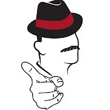 A stylized illustration of a man in a fedora, pointing with his right hand, exuding a confident demeanor. This design symbolizes authority and charisma.